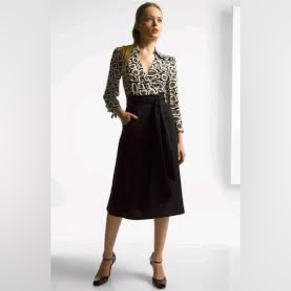 Diane Von Furstenberg, black,cream,gray, Brea wrap dress silk/wool skirt size 4